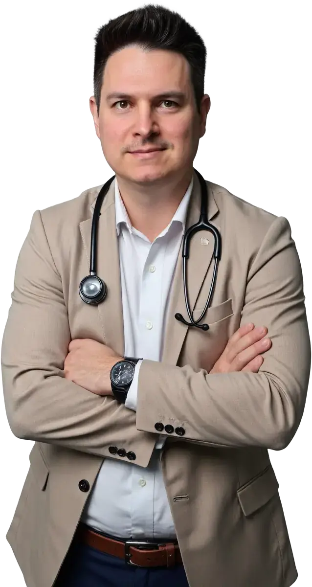 Donn Sawntzy Junior, médico e advogado, de blazer bege com estetoscópio