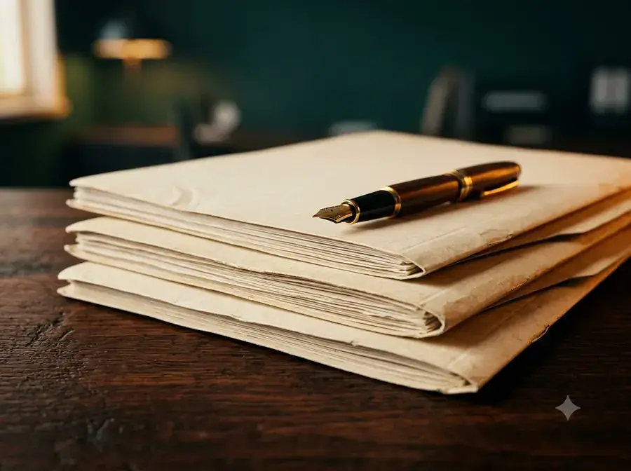 Documentos oficiais com caneta tinteiro sobre mesa de madeira escura