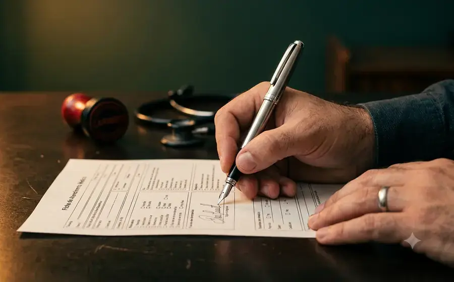 Médico assinando ficha de atendimento com caneta tinteiro ao lado de estetoscópio e carimbo