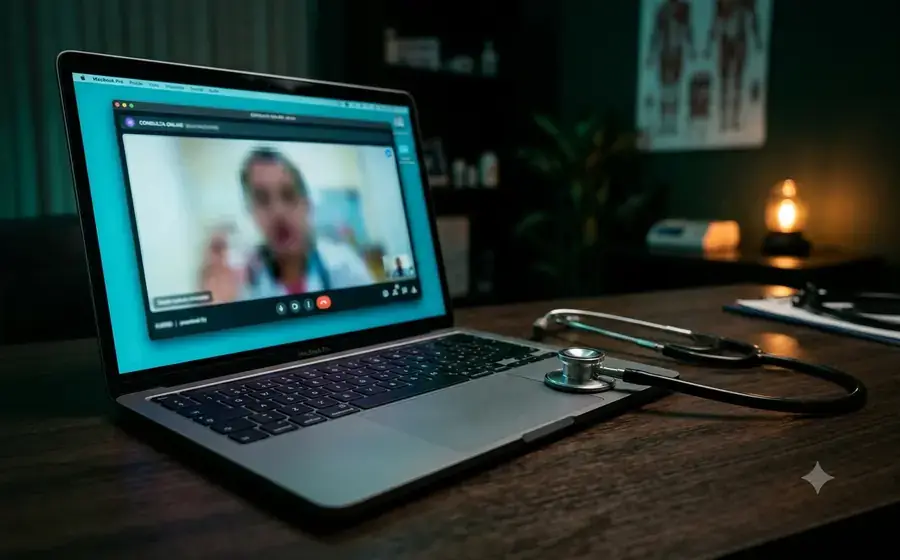 Notebook em teleconsulta com estetoscópio ao lado, em consultório com luz baixa